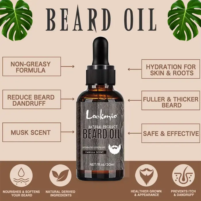 LOCKMIO huile de barbe naturelle pour hommes parfum vanille hydrate répare la croissance des racines