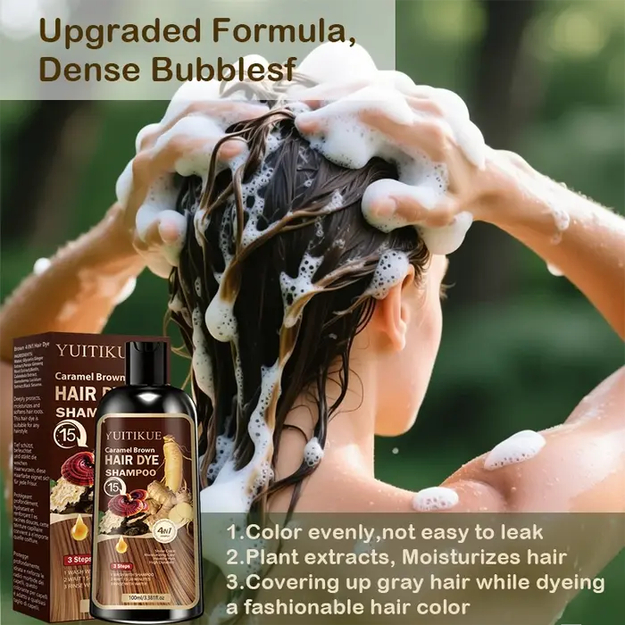 Shampoo colorant capillaire brun caramel YUITIKUE | Formule 4-en-1 avec Ginseng et Ganoderma | Coloration rapide en 15