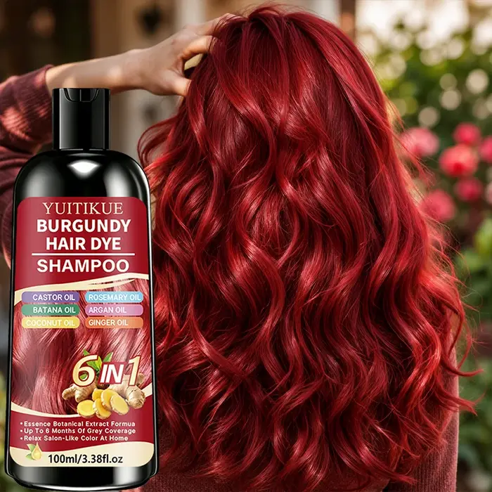 Shampoo colorant capillaire 6 en 1 couleur Bourgogne, formule à base de plantes, couvre les cheveux gris, coloration douce à faire soi-même à la maison.