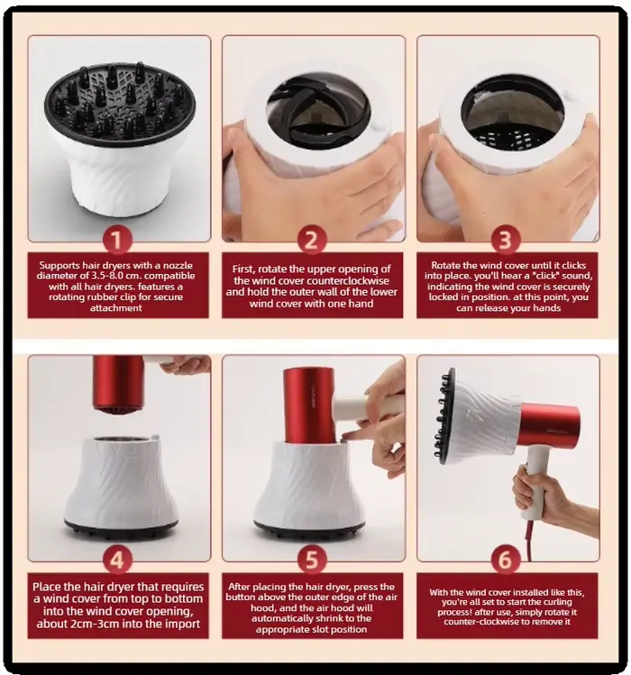 Diffuseur universel pour cheveux, adaptable aux sèche-cheveux, avec design rotatif, pour cheveux bouclés, grand capot de ventilation, forme fixe, diffuseur de vent