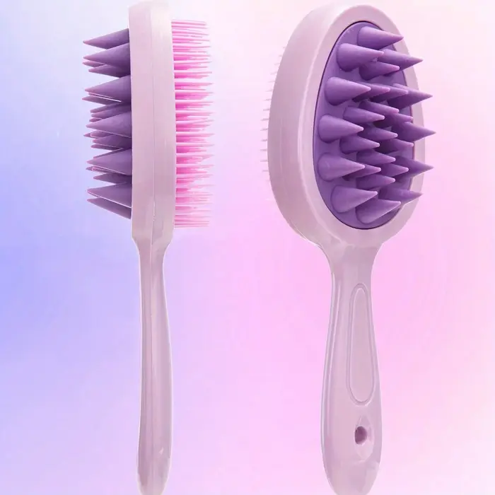 Brosse de massage du cuir chevelu à double denture et manche long en silicone pour un nettoyage en profondeur et démêlage des cheveux humides ou secs