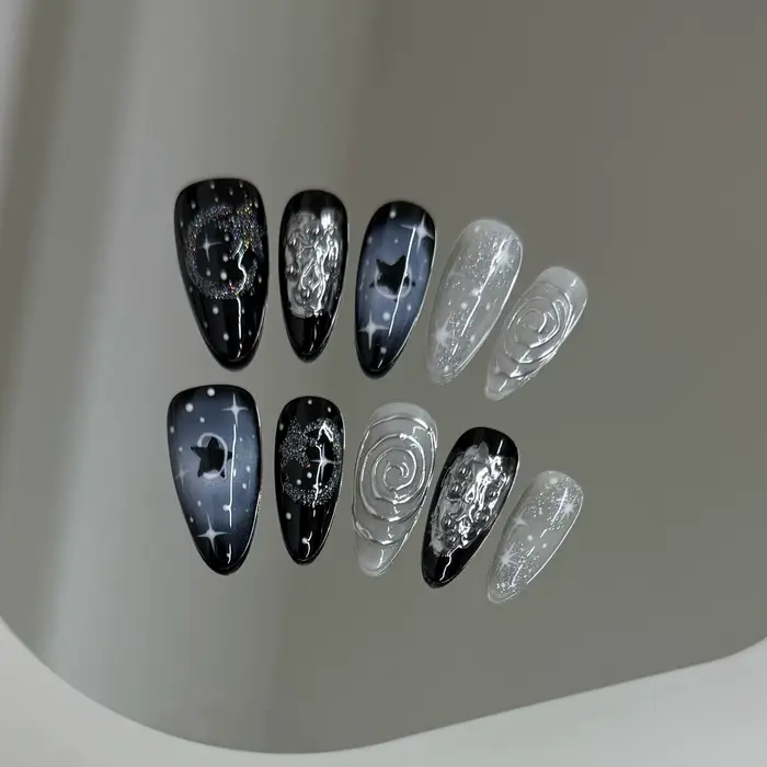 Faux ongles à pression faits à la main Y2k, ciel étoilé, amande, détachables, portables, doux et fra