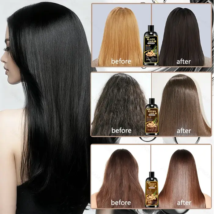 Nouveau shampoing colorant pour cheveux 5-en-1, contenant du gingembre et de la biotine. Rétention de couleur longue durée et couverture des cheveux gris. Longue durée