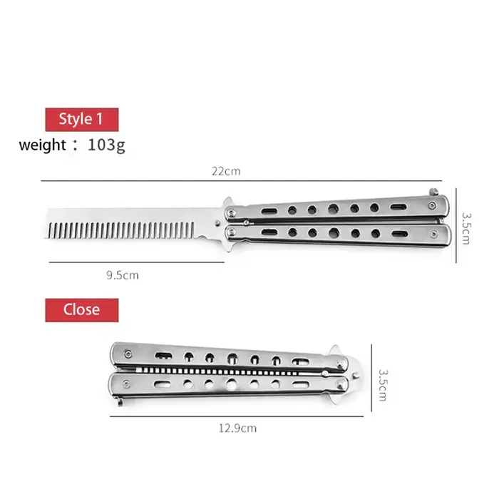 Peigne pliable en acier inoxydable, formation à la pratique, couteau papillon, peigne pour barbe et