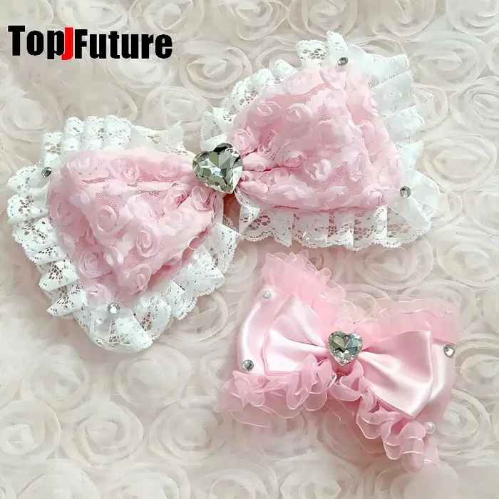Barrettes à cheveux style Hime Y2K, nœud en dentelle rose à volants, accessoires de coiffure Hime gyaru, barrettes pour filles subculture, coiffure Luolita