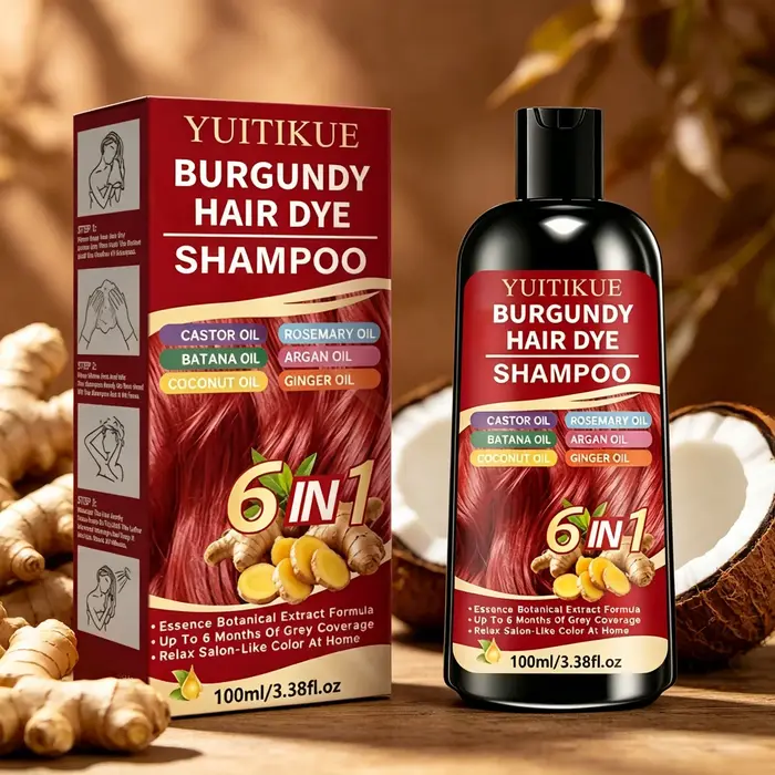 Shampoo colorant capillaire 6 en 1 couleur Bourgogne, formule à base de plantes, couvre les cheveux gris, coloration douce à faire soi-même à la maison.
