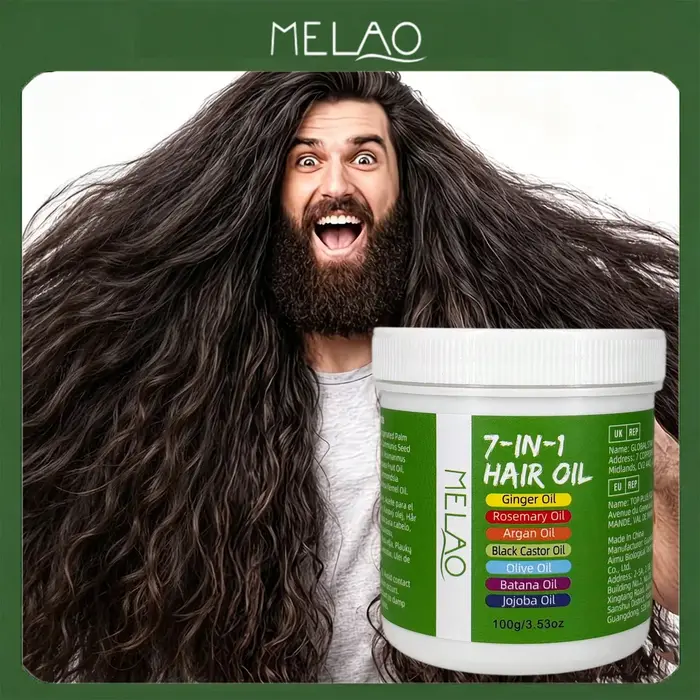 Huile capillaire MELAO 7-en-1, avec gingembre, romarin, argan et huile de ricin noir, huile nourrissante pour le cuir chevelu et les cheveux secs et abîmés