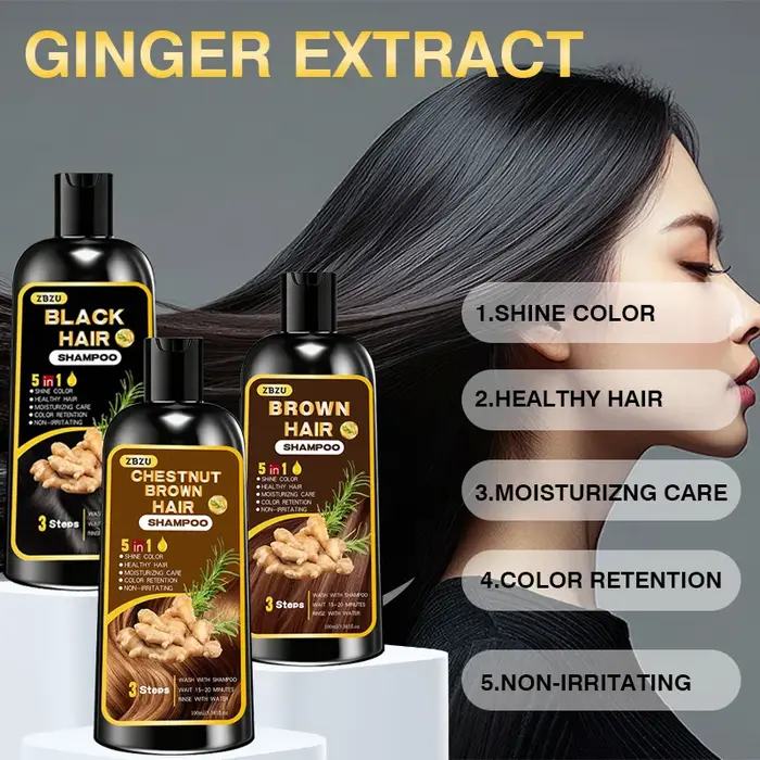 Nouveau shampoing colorant pour cheveux 5-en-1, contenant du gingembre et de la biotine. Rétention de couleur longue durée et couverture des cheveux gris. Longue durée