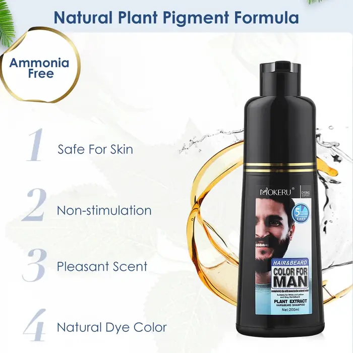 Shampoo colorant permanent pour barbe naturelle longue durée 200 ml pour hommes – Élimine les poils blancs et gris