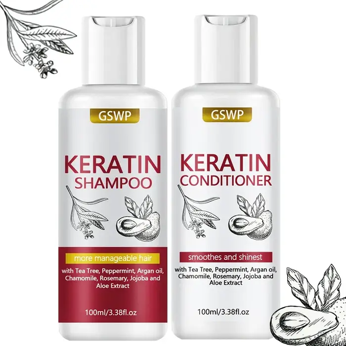 Ensemble shampooing et après-shampooing à la kératine GSWP, nettoie en profondeur le cuir chevelu et