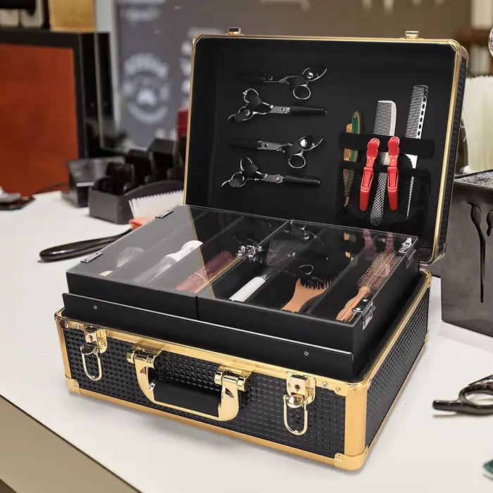 Boîte à outils de coiffure, mallette de rangement de maquillage de grande capacité, tige à friser, c