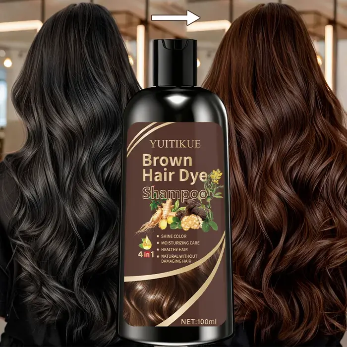YUITIKUE Shampooing colorant pour cheveux bruns 100 ml - Formule végétale 4 en 1, couvre les cheveux