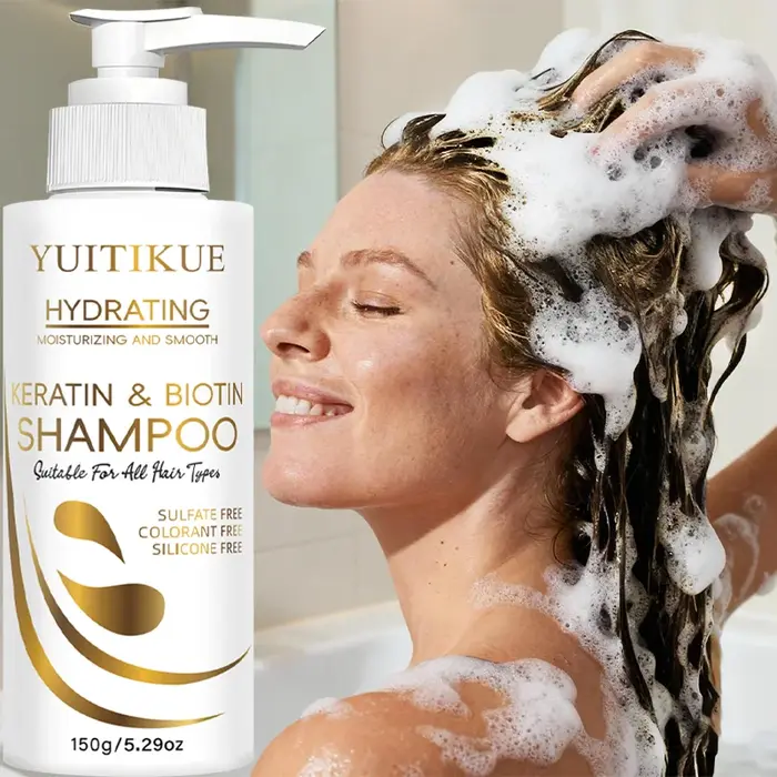 Shampoo à la kératine et à la biotine YUITIKUE - Nettoyage en douceur, hydratant et lissant, formule