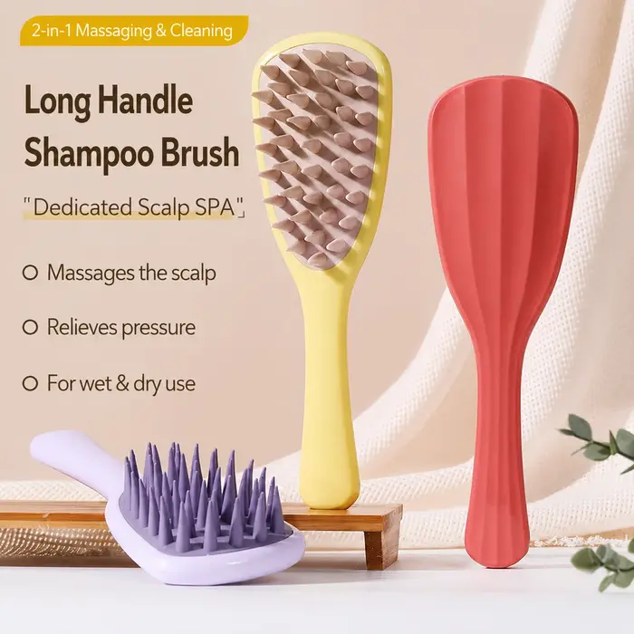 Brosse à shampooing en silicone en forme de feuille de Ginkgo avec long manche, peigne massant le cuir chevelu pour le lavage des cheveux