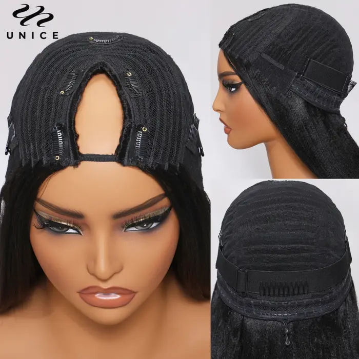 UNice InvisiBlend ™ Yaki droite V partie perruque avec cordon couleur naturelle 100% perruque de c