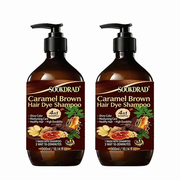 Shampoo colorant brun caramel, 4-en-1 nourrissant, coloration rapide, pour tous types de cheveux