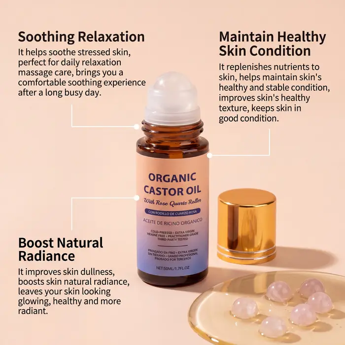 Huile de ricin bio pressée à froid sans hexane avec applicateur à bille en quartz rose