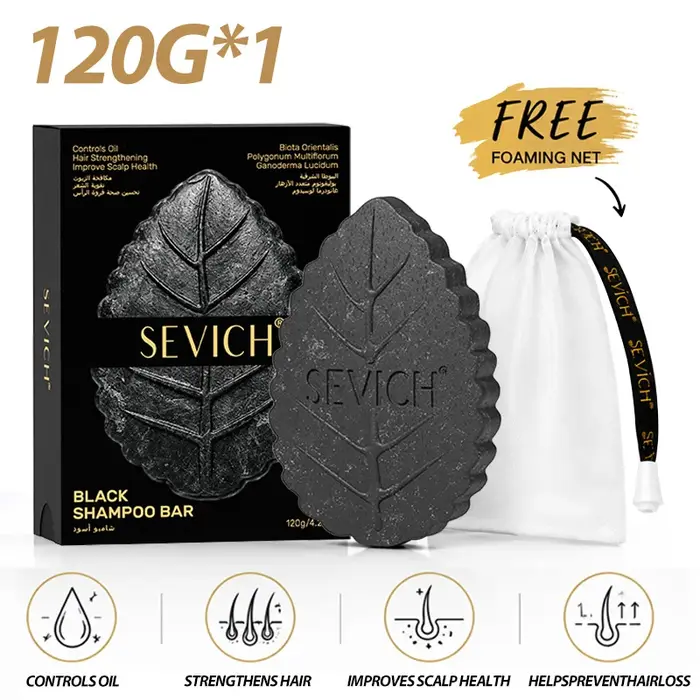 Shampoing Solide Noir 120g aux Herbes pour Restaurer la Texture des Cheveux Abîmés, Savon Capillaire