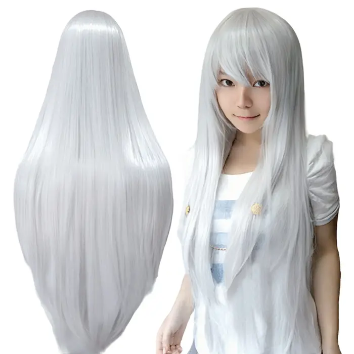 Perruque synthétique longue blanche argentée pour Anime Cosplay Halloween Costume fête perruque blan