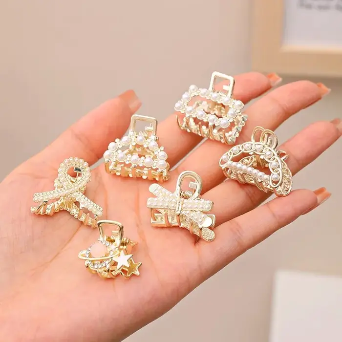 Lot de 6/8/10 petites pinces à cheveux géométriques en métal avec strass et perles pour femmes et filles
