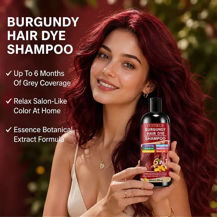 Shampoo colorant capillaire 6 en 1 couleur Bourgogne, formule à base de plantes, couvre les cheveux gris, coloration douce à faire soi-même à la maison.