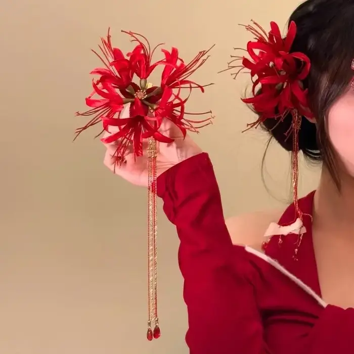 Pince à cheveux rétro rouge araignée Lily, épingle à cheveux en tissu fleur, vêtements de mariée, St