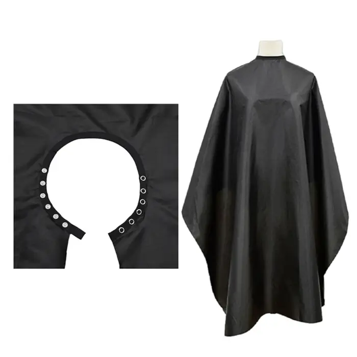 Cape de coiffure noire antistatique à col boutonné pour salon