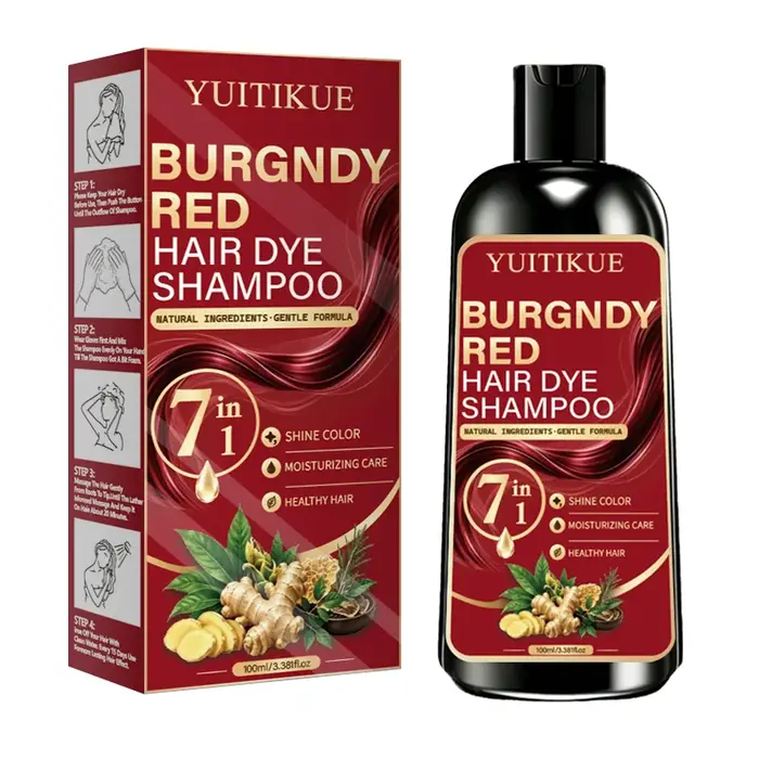 Shampoo colorant capillaire rouge bordeaux 7 en 1 YUITIKUE, formule naturelle douce, brillance, hydratation, soin des cheveux, coloration capillaire à domicile