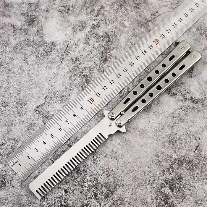 Peigne pliable en acier inoxydable, formation à la pratique, couteau papillon, peigne pour barbe et