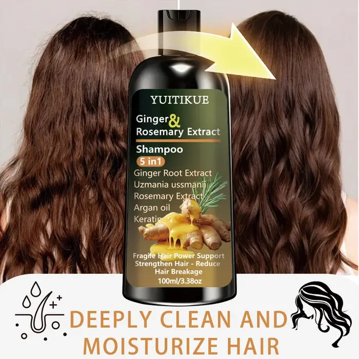 Shampoo à l'extrait de gingembre et de romarin YUITIKUE 5-en-1 : Nourrit intensément