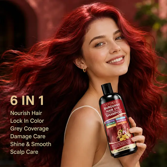 Shampoo colorant capillaire 6 en 1 couleur Bourgogne, formule à base de plantes, couvre les cheveux gris, coloration douce à faire soi-même à la maison.
