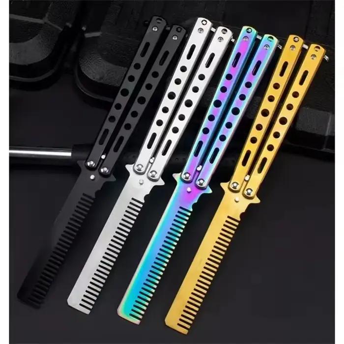 Peigne pliable en acier inoxydable, formation à la pratique, couteau papillon, peigne pour barbe et