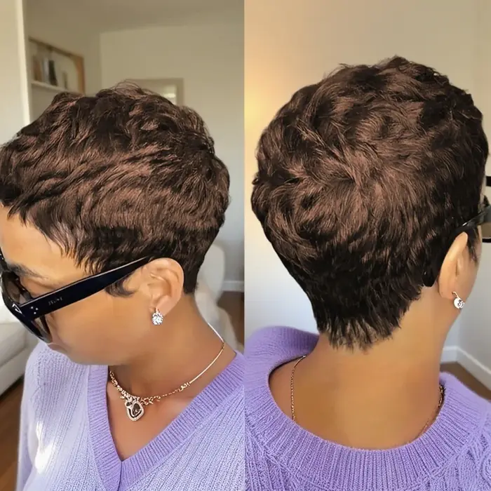 Perruque courte coupe lutin avec frange cheveux humains 180 densité pour les femmes
