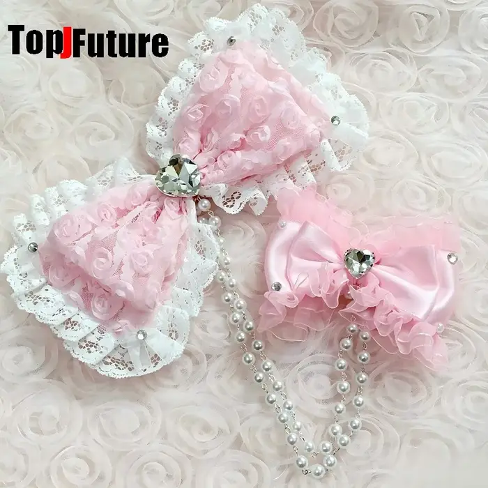 Barrettes à cheveux style Hime Y2K, nœud en dentelle rose à volants, accessoires de coiffure Hime gyaru, barrettes pour filles subculture, coiffure Luolita