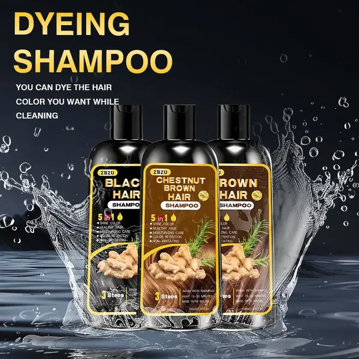 Nouveau shampoing colorant pour cheveux 5-en-1, contenant du gingembre et de la biotine. Rétention de couleur longue durée et couverture des cheveux gris. Longue durée