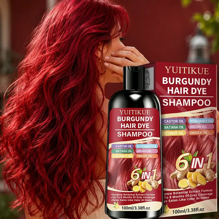 Shampoo colorant capillaire 6 en 1 couleur Bourgogne, formule à base de plantes, couvre les cheveux gris, coloration douce à faire soi-même à la maison.