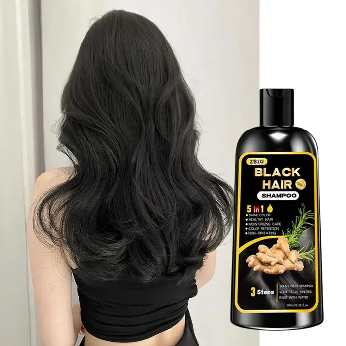 Nouveau shampoing colorant pour cheveux 5-en-1, contenant du gingembre et de la biotine. Rétention de couleur longue durée et couverture des cheveux gris. Longue durée