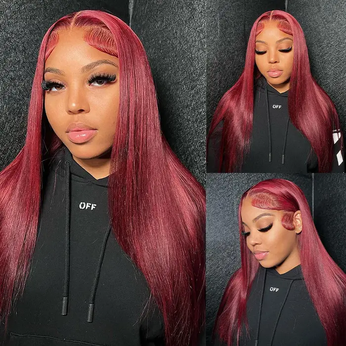 99J bordeaux 13x6 couleur HD dentelle avant perruque perruques de cheveux humains pré-plumé Premium