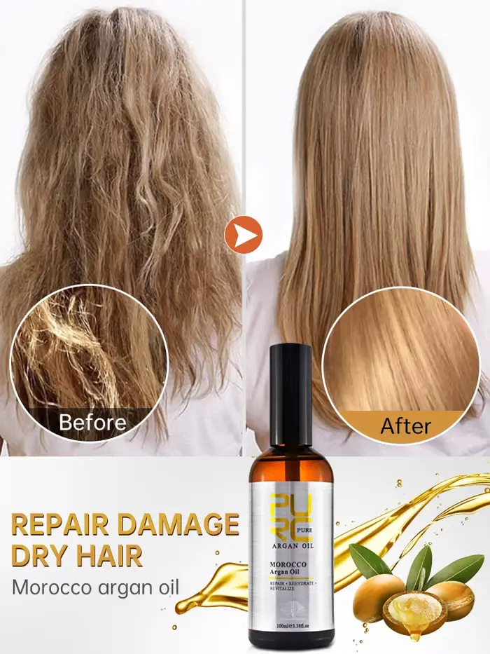 PURC – huile d'argan marocaine, traitement lissant pour cheveux, réparation des frisottis endommagés