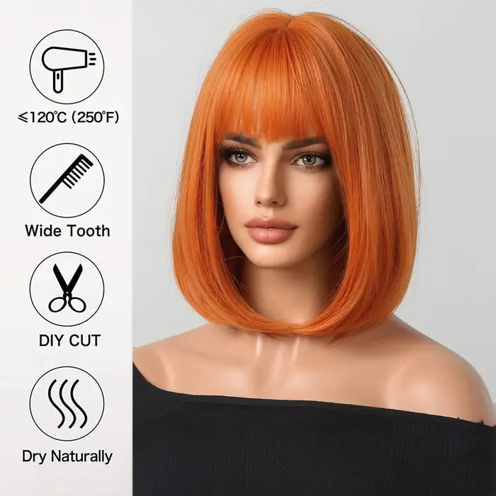 Perruque synthétique de coiffure bob Orange, perruque de cosplay pour fête d'halloween, accessoire q