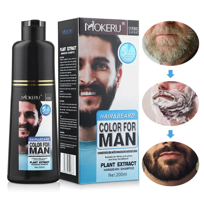 Shampoo colorant permanent pour barbe naturelle longue durée 200 ml pour hommes – Élimine les poils blancs et gris
