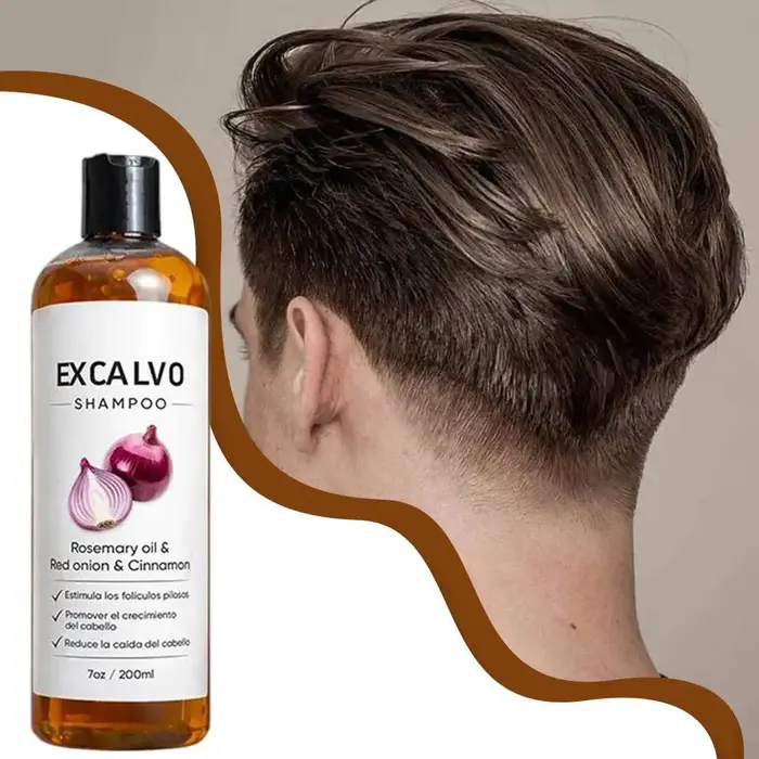 EXCALVO Shampoing Oignon & Romarin 200ml – Formule Oignon Rouge & Cannelle, Stimule les follicules pileux, Réduit la chute des cheveux, Épaissit les cheveux