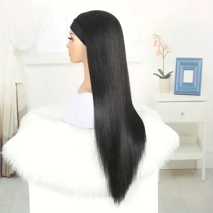 28 pouces bandeau perruque noir résistant à la chaleur cheveux synthétiques femmes bandeau perruque
