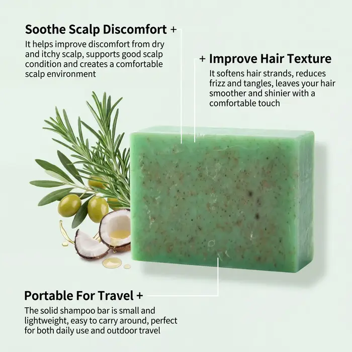 Shampooing Solide Volumisant au Romarin Nettoyage Doux Apaise le Cuir Chevelu Huiles Naturelles Renforce les Cheveux Contrôle des Frisottis Lisse et Brillant 100g