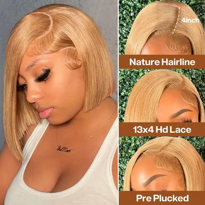 27 # Blonde courte Bob perruque cheveux humains 210% droite 13x4 dentelle avant