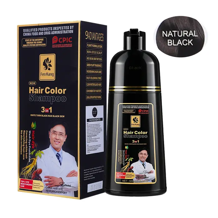 Shampoo colorant capillaire noir 3 en 1 pour cheveux gris, crème colorante capillaire à base de plan
