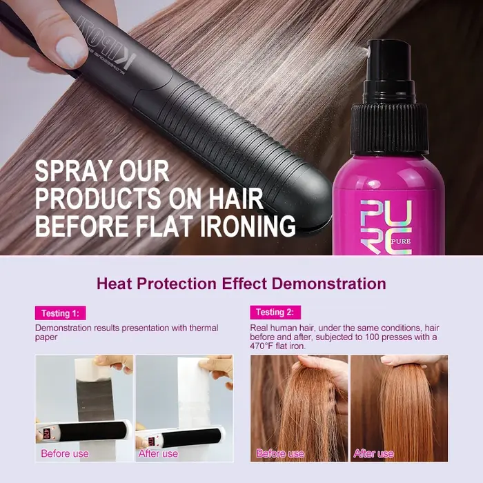 PURC Spray protecteur thermique huile de noix de coco contrôle des frisottis et brillance pour tous les types de