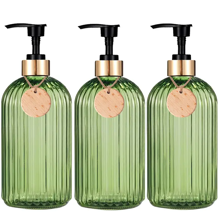 Bouteilles de savon de douche de salle de bain vertes avec étiquette vide, rechargeable, shampoing, 