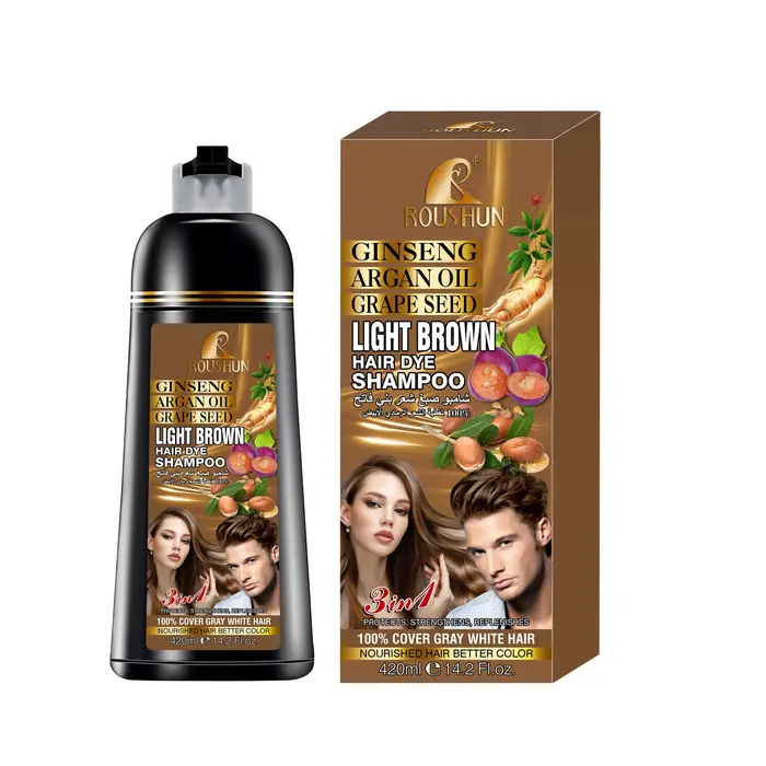Shampoing colorant pour cheveux ROUSHUN 420ml, brun clair, à base de ginseng et de gingembre, soin n