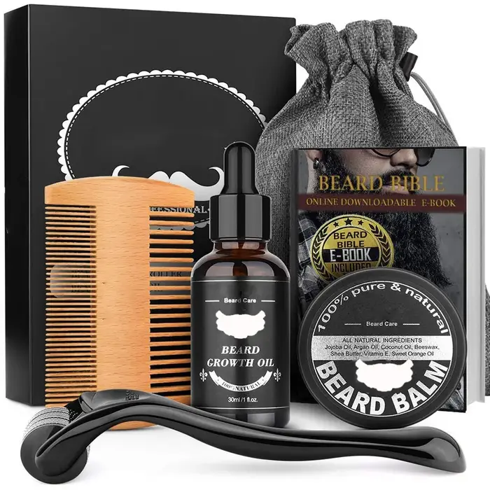 Ensemble complet de soins de barbe pour hommes, peigne à barbe, baume, peigne Double face avec roule